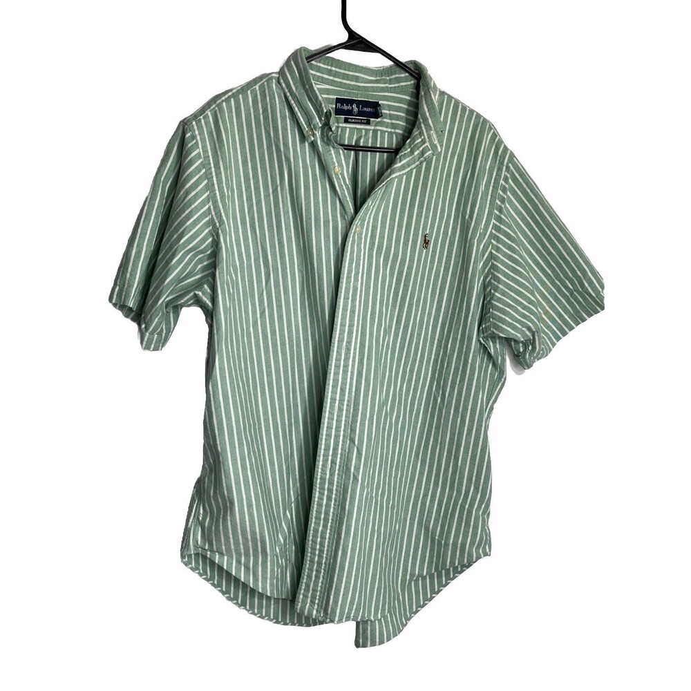 Ralph Lauren XL Classic Fit Green White Striped Oxford Short SLV Button Down